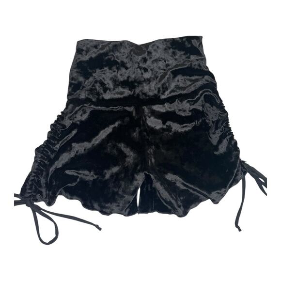 black crushed velvet high waisted pull on shorts side tie cinch ruching small - Picture 1 of 4